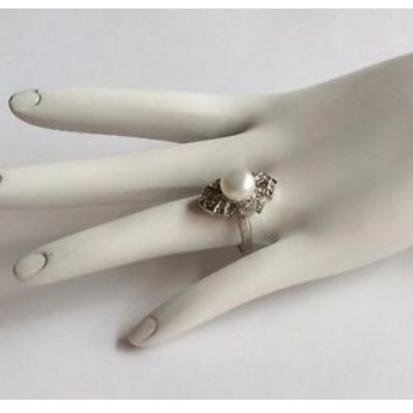 Vintage Silver Pearl Art Deco Cocktail Ring Sz 7 8 9 - Picture 6 of 8